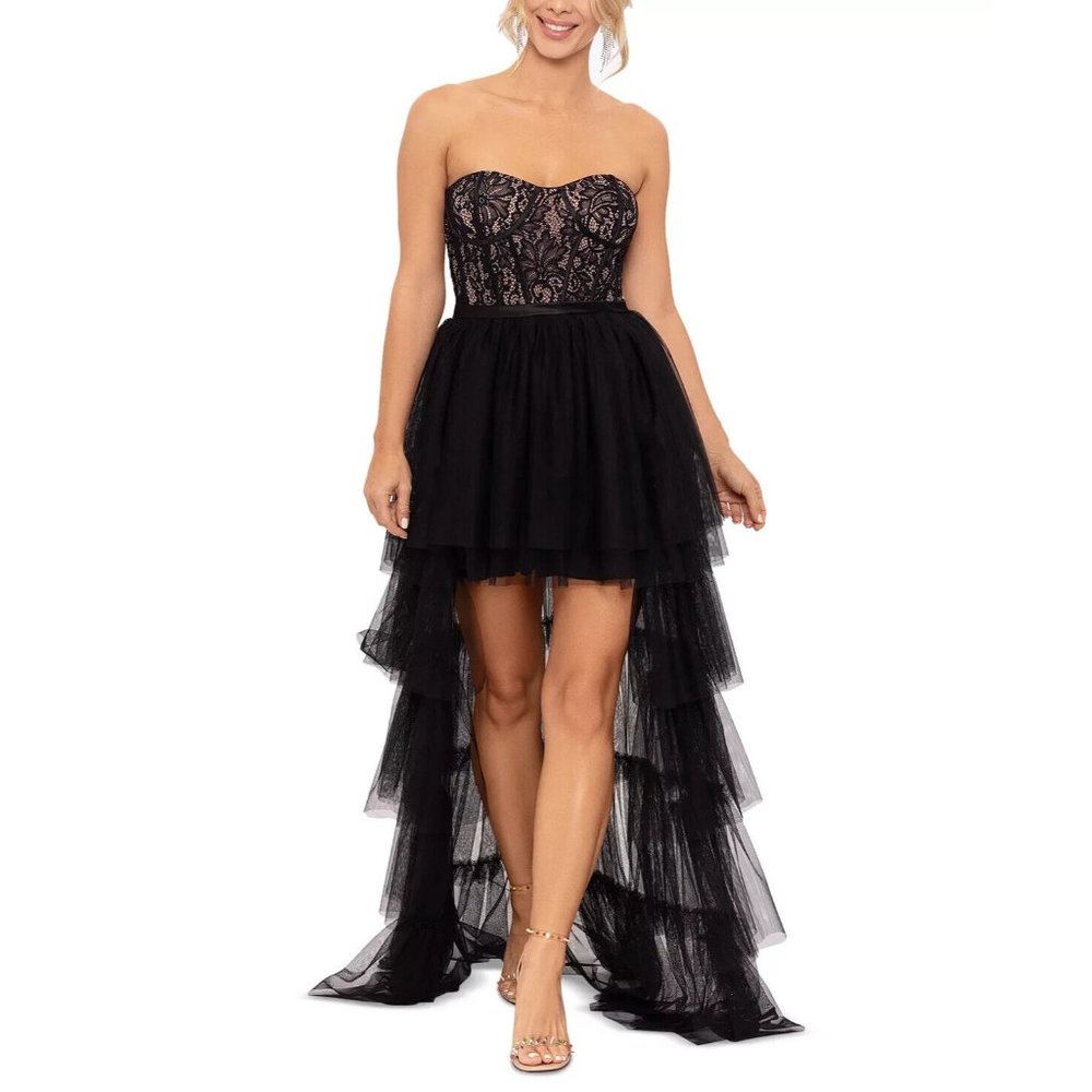 Betsy & Adam Women's Black Boning Tiered High Low Long Evening Dress Gown Sz 4